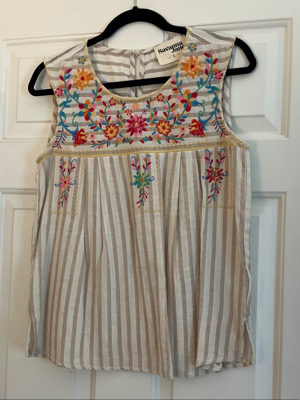 Savanna Jane Striped Embroidered Sleeveless Top - Floral Multicolor size Small